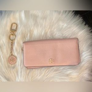 Authentic Tory Burch Gold logo Pink Leather Slim Long wallet w/Leather keychain